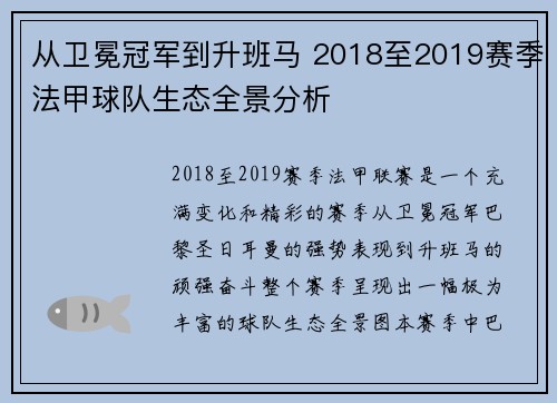 从卫冕冠军到升班马 2018至2019赛季法甲球队生态全景分析